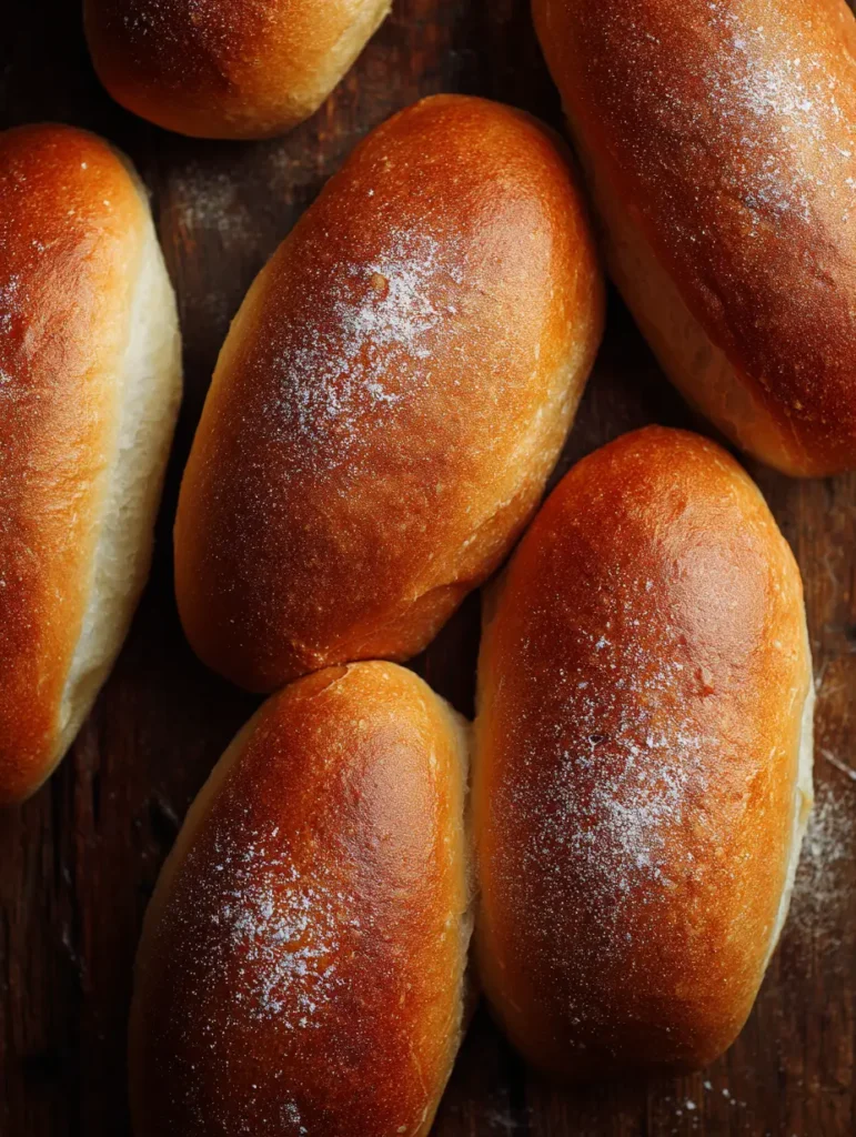 Hausgemachte Hot Dog Brötchen arrangiert auf einem rustikalen Holztisch.