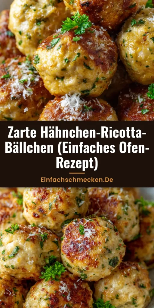 Goldbraun gebackene Hähnchen-Ricotta-Bällchen in einer weißen Keramikschale, garniert mit frischer Petersilie und Parmesan.