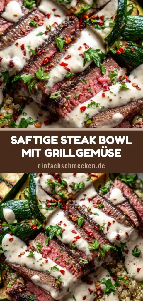 Draufsicht einer Steak Bowl mit Medium-Rare Rindfleisch, Quinoa, gegrillter Zucchini und Knoblauchsauce. (Steak Bowl Rezept)
