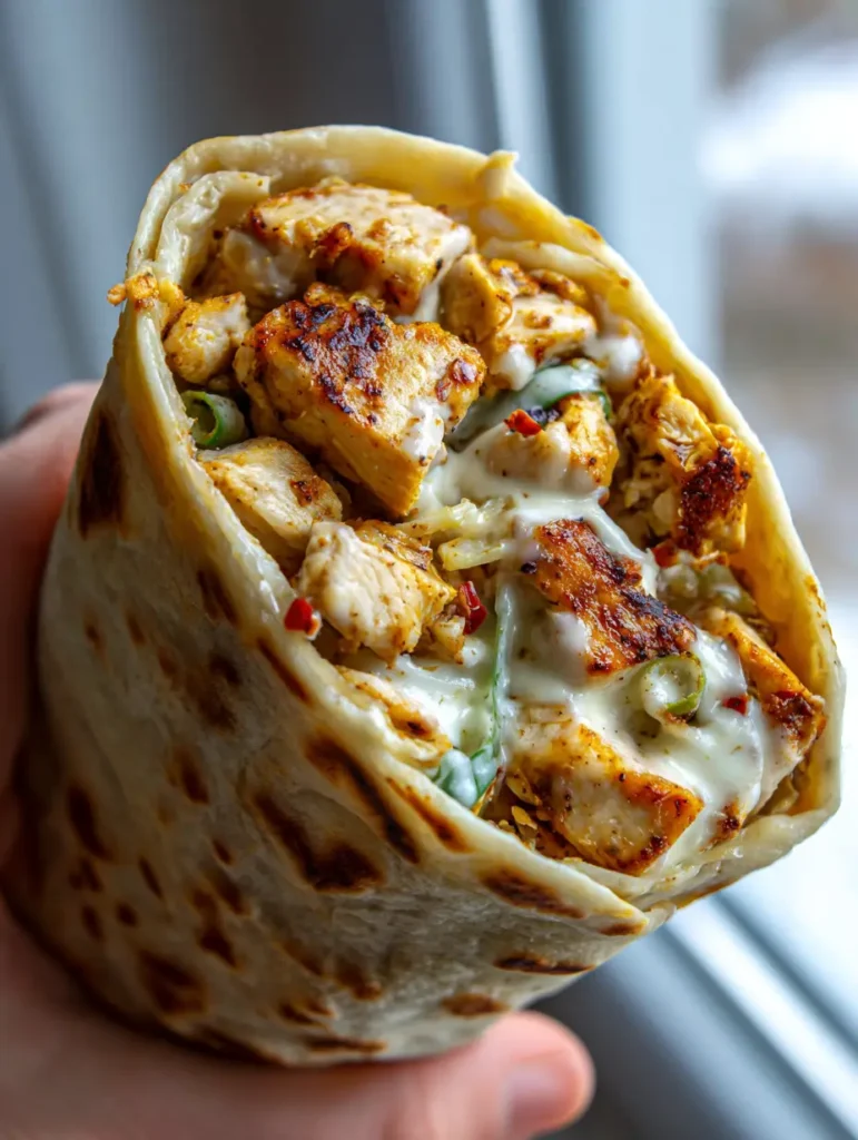 Detailansicht der Füllung eines Hähnchen-Wraps mit Mozzarella, Knoblauchsauce und Chiliflocken.