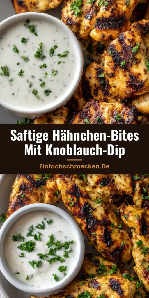 Gegrillte Hähnchen-Bites mit Knoblauchsauce, serviert auf einem grauen matten Teller mit frischer Petersilie.