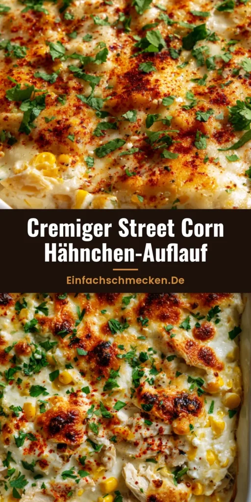 Draufsicht auf einen Hähnchen-Auflauf mit Mais in einer weißen Form, garniert mit Koriander und Chilipulver.