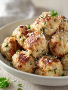 Nahaufnahme von zarten Hähnchen-Ricotta-Bällchen mit sichtbaren Kräutern und geschmolzenem Parmesan.