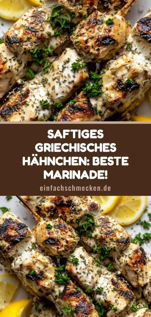 Draufsicht auf griechische Hähnchenspieße mit cremiger Griechische Hähnchen-Marinade, Zitronenspalten und Oregano auf einem weißen Teller.