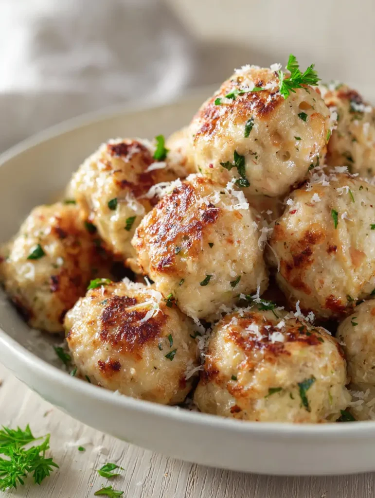 Nahaufnahme von zarten Hähnchen-Ricotta-Bällchen mit sichtbaren Kräutern und geschmolzenem Parmesan.