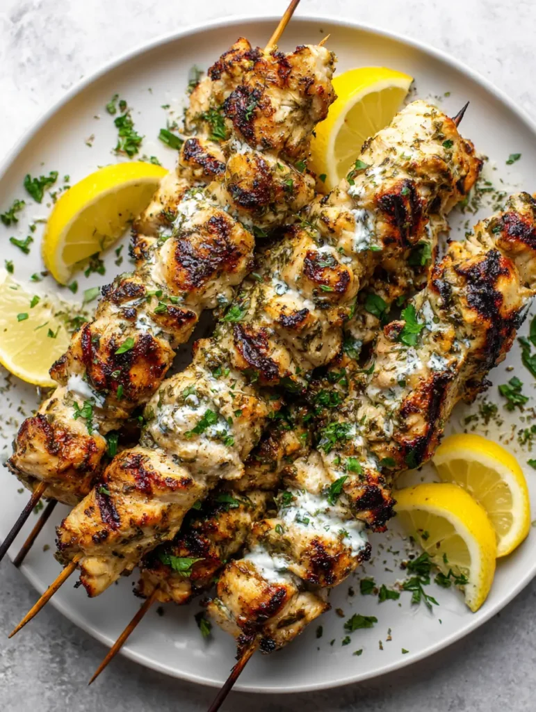 Nahaufnahme von gegrillten Hähnchenstücken mit dunklen Grillstreifen und Kräuterbeschichtung der Griechische Hähnchen-Marinade.