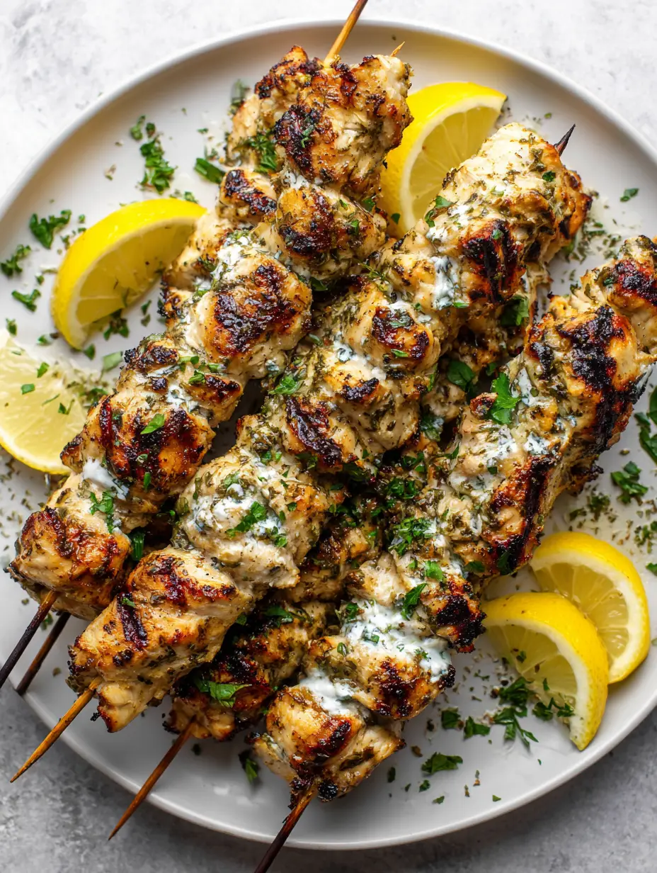 Nahaufnahme von gegrillten Hähnchenstücken mit dunklen Grillstreifen und Kräuterbeschichtung der Griechische Hähnchen-Marinade.