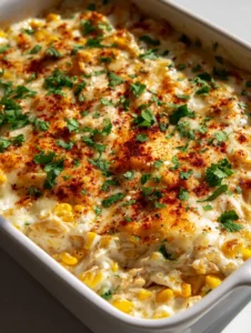 Nahaufnahme von Hähnchen-Auflauf mit Mais, geschmolzenem Mozzarella und gerösteten Maiskörnern.