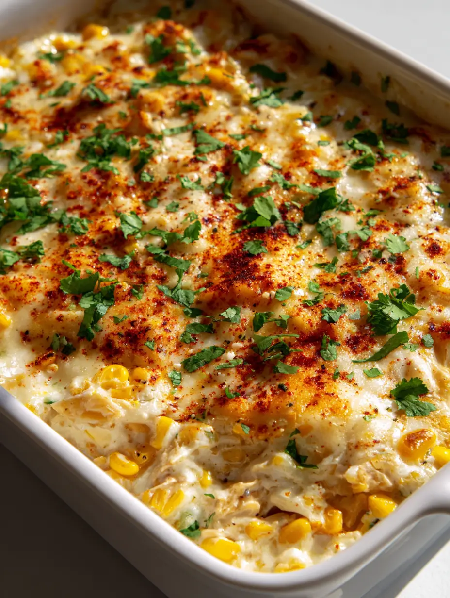 Nahaufnahme von Hähnchen-Auflauf mit Mais, geschmolzenem Mozzarella und gerösteten Maiskörnern.