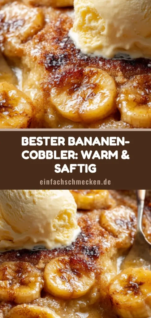 Ein frisch gebackener Bananen-Cobbler in einer rustikalen Form mit schmelzendem Vanilleeis obenauf.