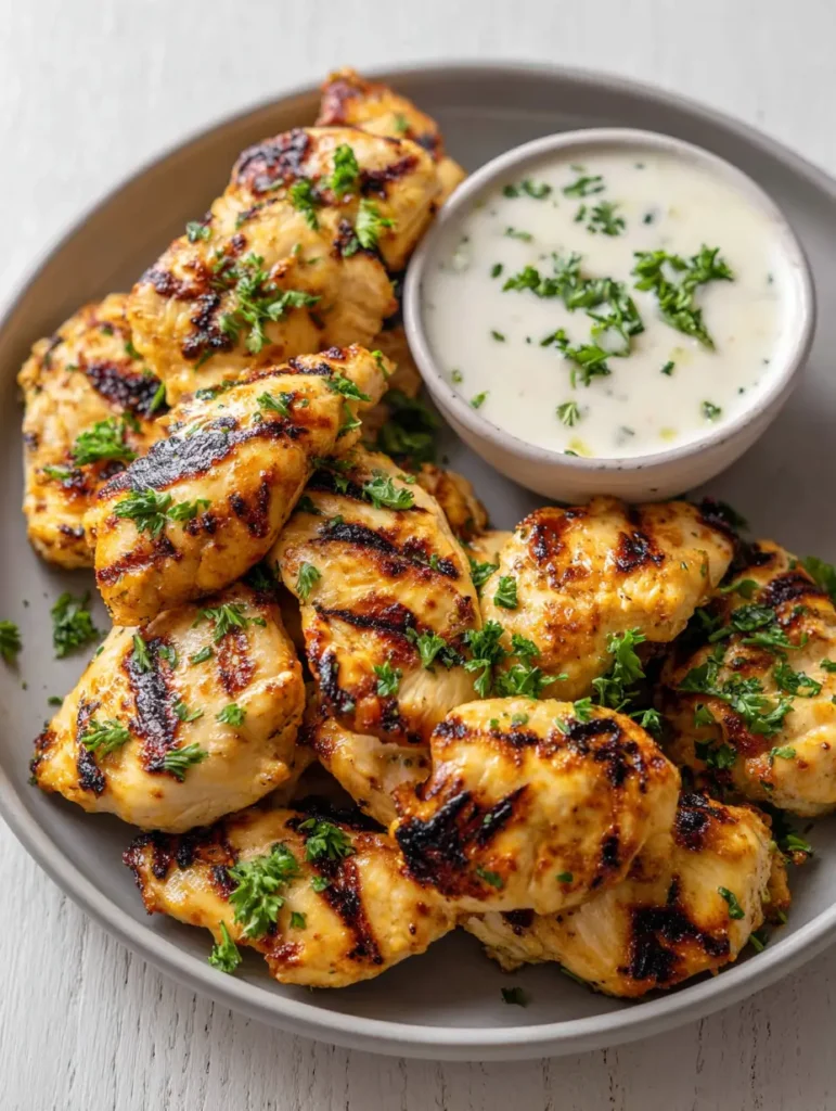 Hähnchen-Bites mit Knoblauchsauce auf einem Holzuntergrund serviert.