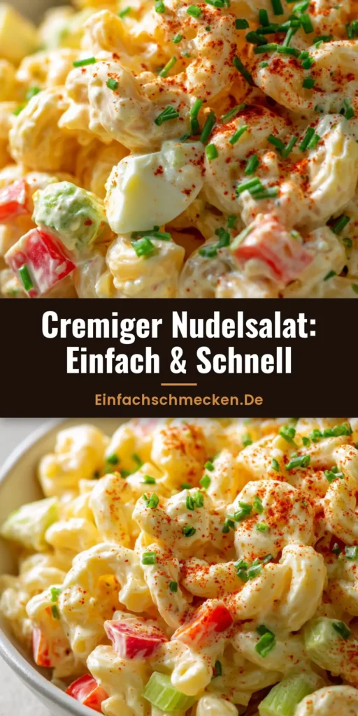 Cremiger Nudelsalat mit Gabelspaghetti, hartgekochten Eiern und roter Paprika in einer weißen Schüssel.
