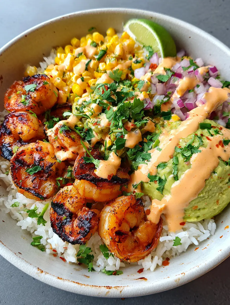 Gegrillte Garnelen-Bowl mit Avocado und Spicy Lime Sauce 4 Draufsicht auf eine Gegrillte Garnelen-Bowl mit weißem Reis, gegrillten Garnelen und einer cremigen Sauce.