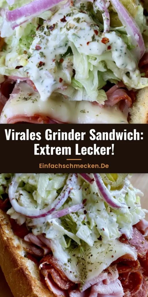 Italienisches Grinder Sandwich: Das virale Rezept für maximalen Genuss 4 Ein köstliches Italienisches Grinder Sandwich mit viel Salat, Salami und geschmolzenem Käse in der Nahaufnahme.
