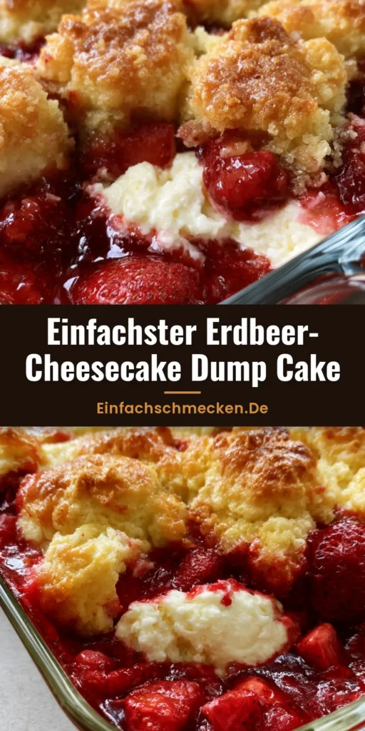 Nahaufnahme eines fertigen Erdbeer-Käsekuchen Rezepts in einer Glasform mit goldener Kruste und blubbernden Beeren.