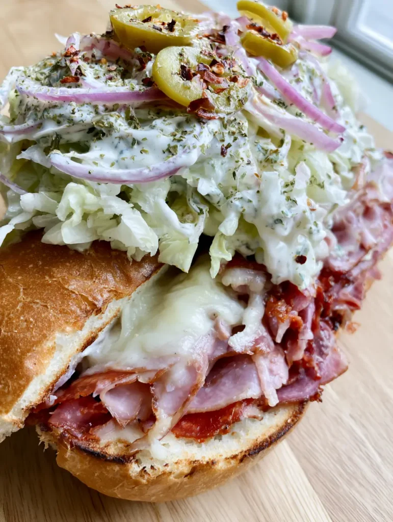 Smartphone-Foto eines viralen Italienischen Grinder Salatsandwichs auf einem Holzbrett.