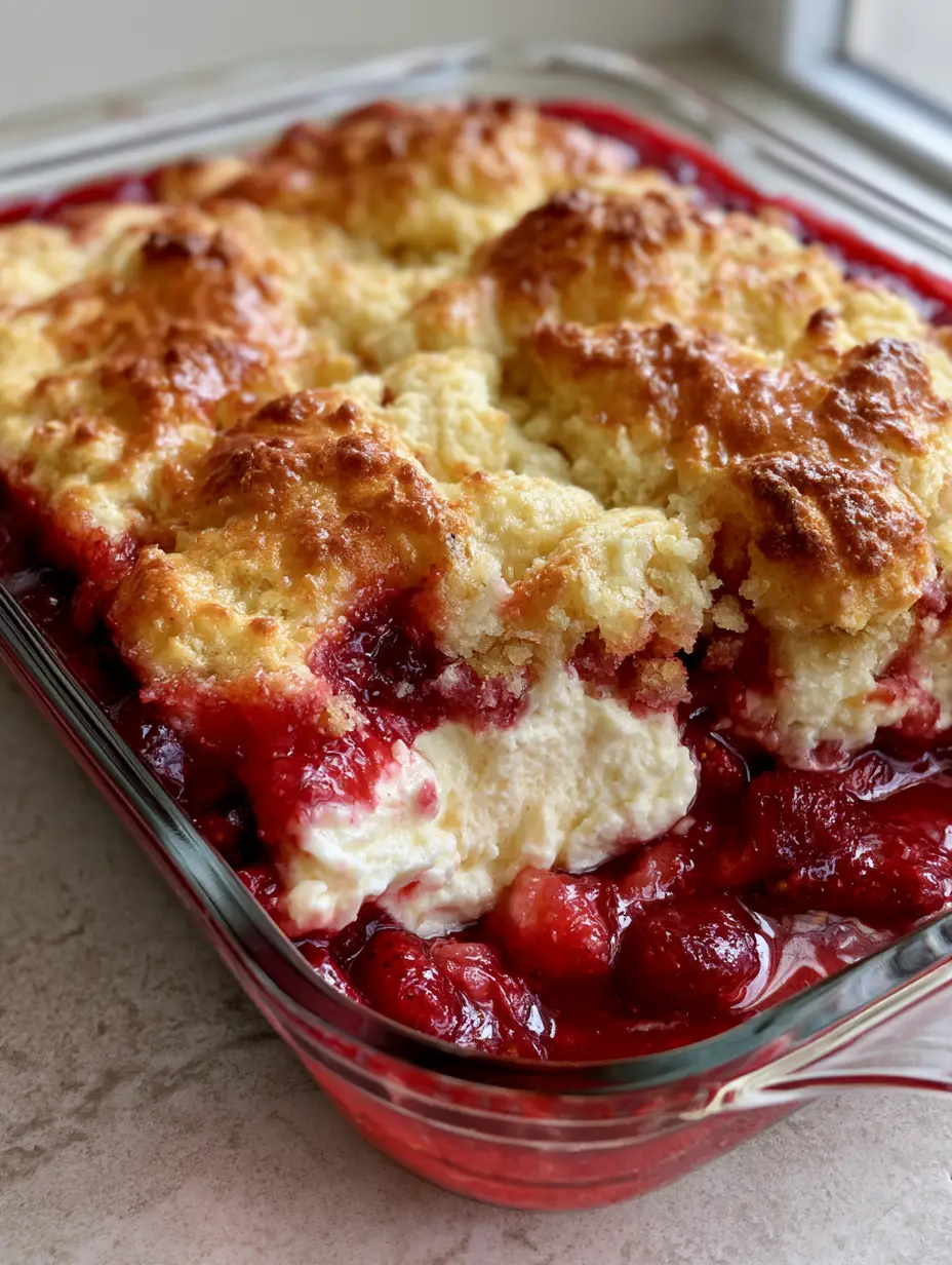Draufsicht auf ein Erdbeer-Käsekuchen Rezept mit einer herausgenommenen Portion, die die cremige Cheesecake-Füllung zeigt.