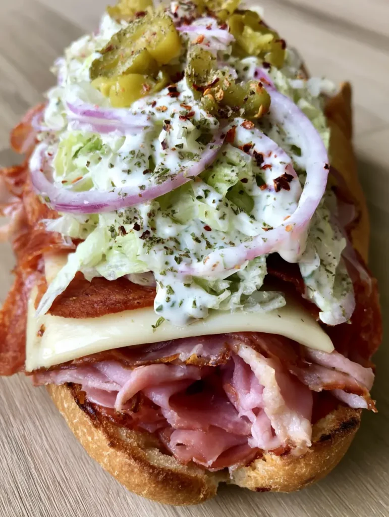 Italienisches Grinder Sandwich: Das virale Rezept für maximalen Genuss 1 Nahaufnahme der Schichten eines Italienischen Grinder Sandwiches mit geschmolzenem Provolone und cremigem Salat.