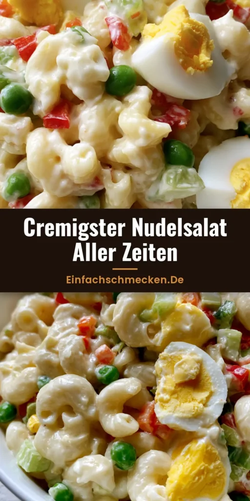Ein cremiger Nudelsalat in einer weißen Schüssel mit Erbsen, roter Paprika und Ei-Stücken.
