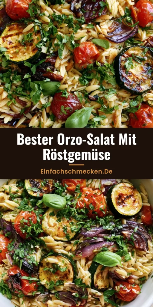 Ein farbenfroher Orzo-Salat mit Röstgemüse wie Zucchini und Tomaten in einer weißen Schüssel, serviert auf einem hellen Hintergrund.
