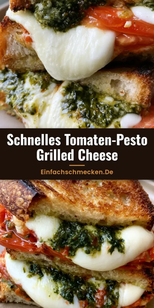 Ein perfekt geröstetes Tomaten-Pesto-Sandwich mit geschmolzenem Käse und frischem Pesto auf einem Teller.