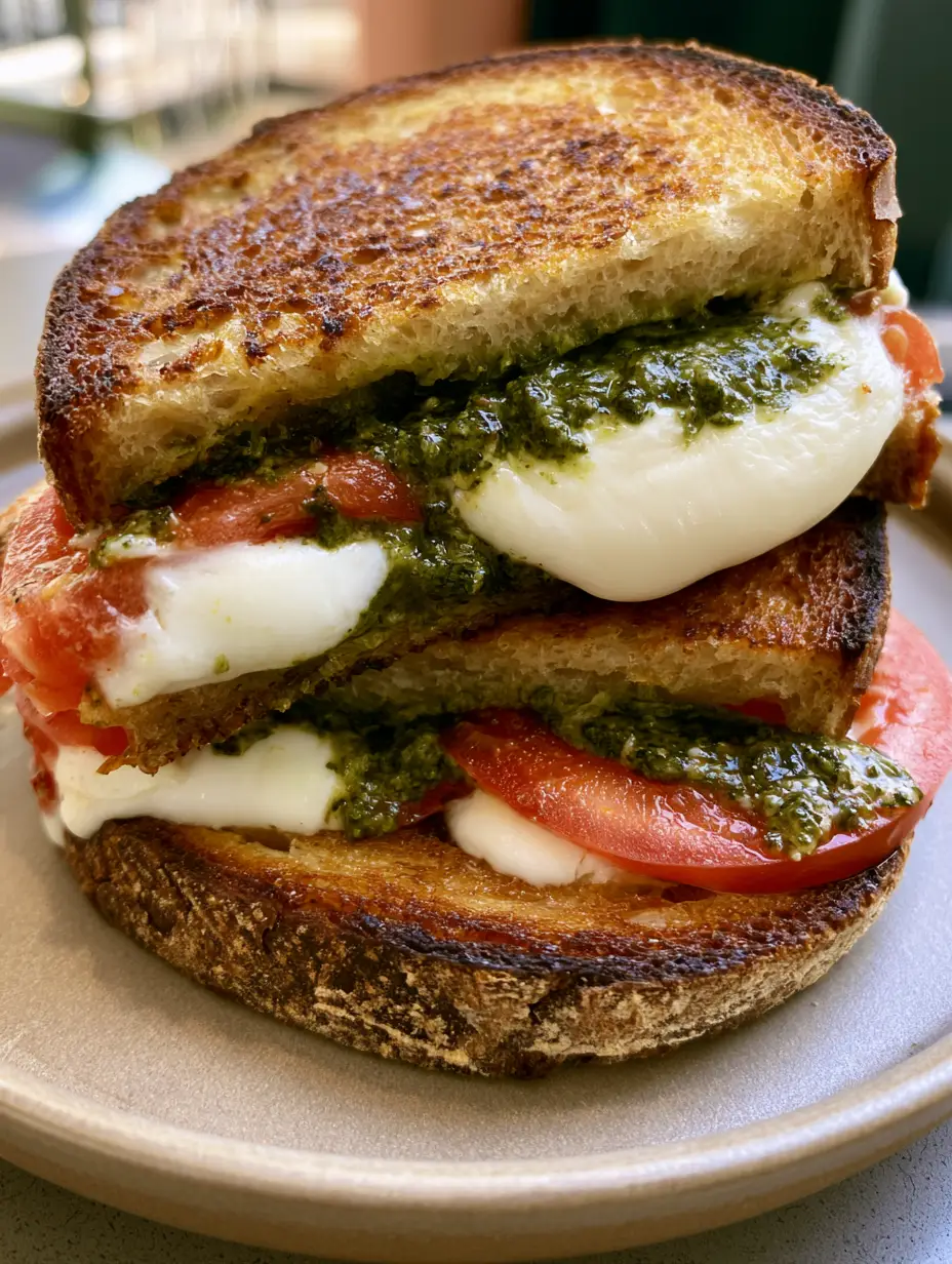 Nahaufnahme eines halbierten Tomaten-Pesto-Sandwichs mit ziehendem Mozzarella-Käse.