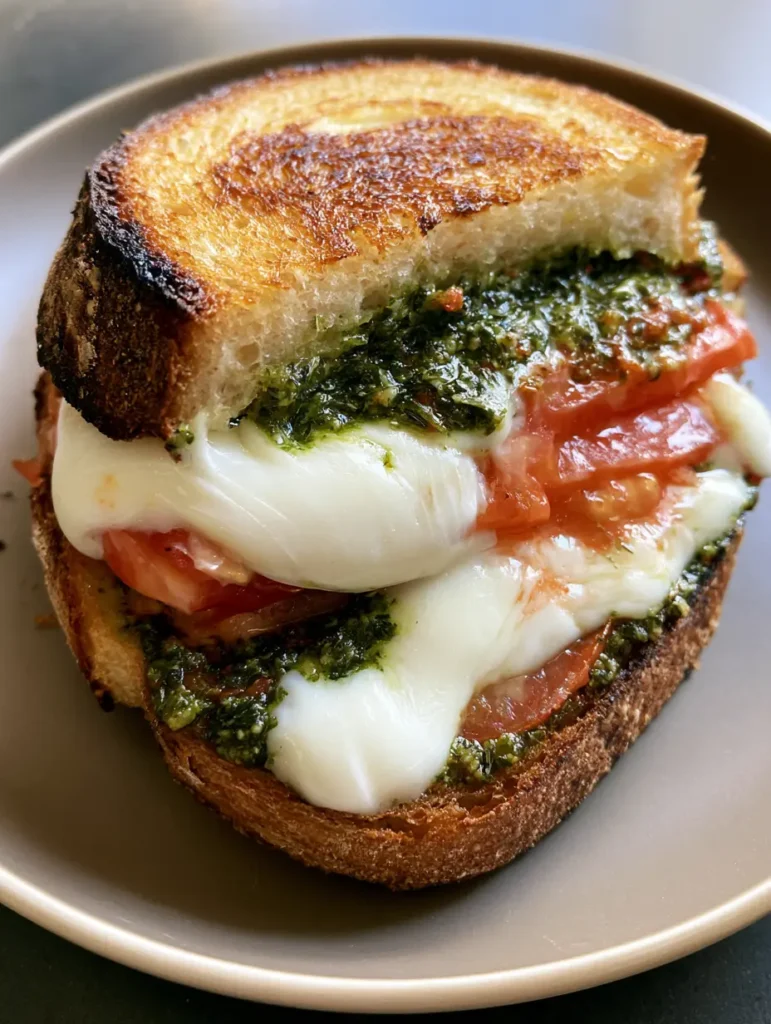 Draufsicht auf ein goldbraun gebratenes Sandwich mit Pesto und Tomaten auf einem Keramikteller.