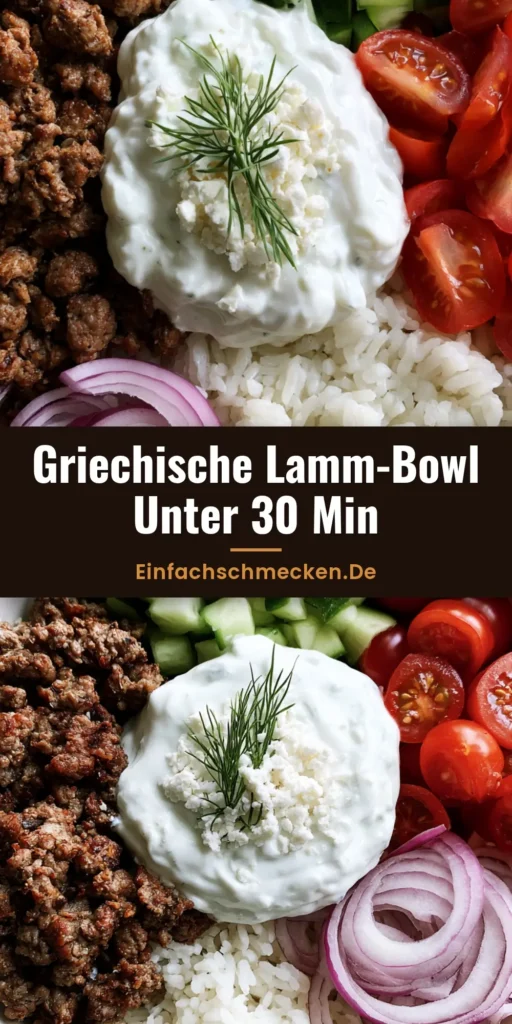Draufsicht einer appetitlichen Lamm-Gyro-Bowl mit knusprigem Lammfleisch, Reis, Tomaten, Gurken und Tzatziki.