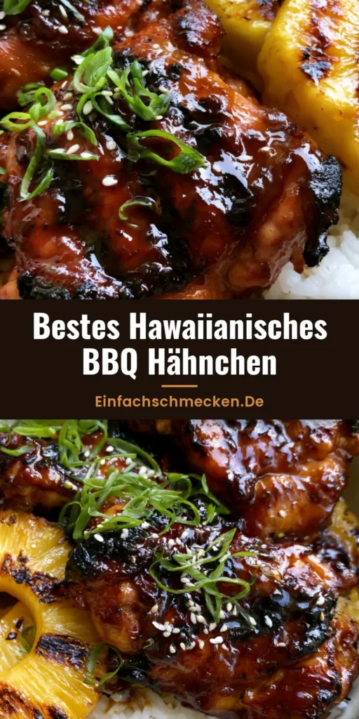 Einladendes Pinterest-Bild von Huli Huli Hähnchen auf Reis mit gegrillten Ananasringen und Sesam.