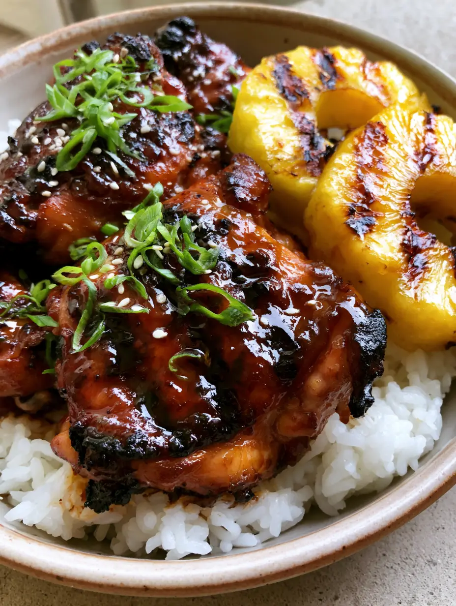 Nahaufnahme von gegrilltem Huli Huli Hähnchen mit dunkler Glasur und Frühlingszwiebeln in einer Schüssel.