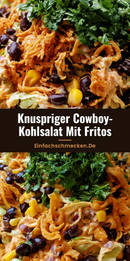 Nahaufnahme einer weißen Schüssel mit Cowboy-Kohlsalat, dekoriert mit Fritos Mais-Chips, schwarzen Bohnen, Mais und frischem Koriander.