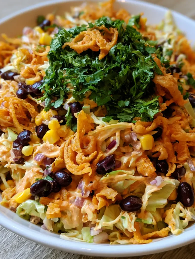 Cowboy-Kohlsalat in einer großen weißen Servierschüssel mit cremigen Chipotle-Dressing und viel frischem Koriander.