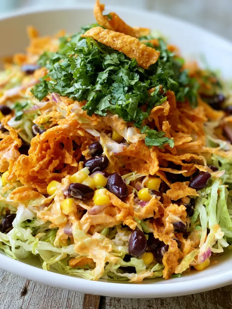 Draufsicht auf einen Cowboy-Kohlsalat mit Fokus auf die knusprigen Fritos Mais-Chips und die cremige Textur.