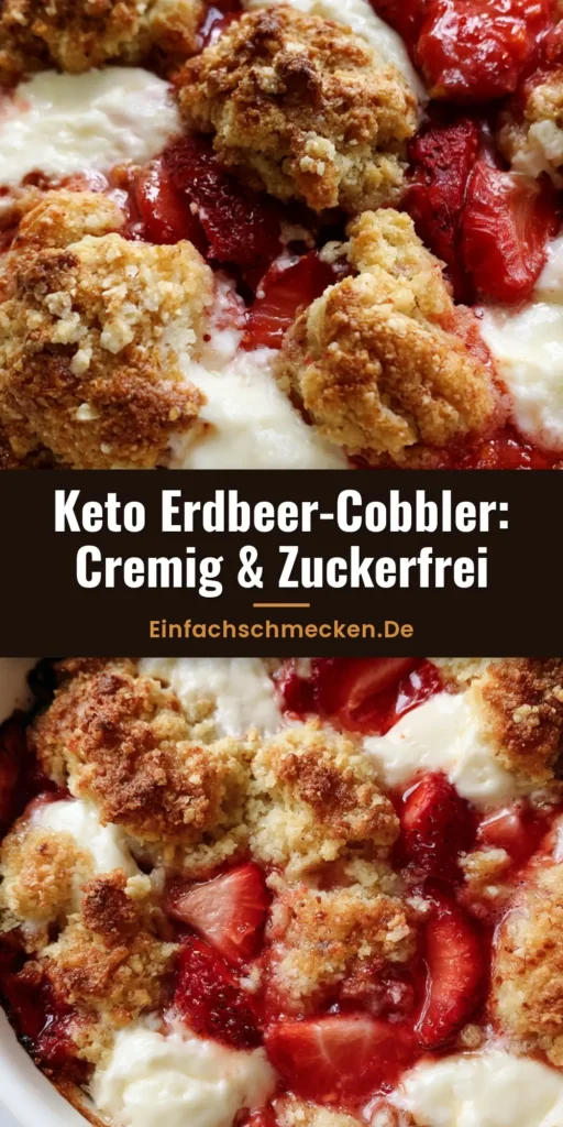 Erdbeer-Frischkäse-Cobbler: Das saftigste Sommer-Dessert mit Knusper-Garantie 3 Nahaufnahme eines frisch gebackenen Erdbeer-Frischkäse-Cobbler in einer weißen Keramikform mit goldbrauner Mandelmehlkruste und blubbernden roten Erdbeeren.