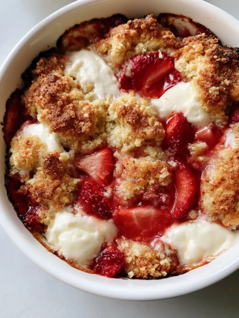 Draufsicht auf einen Erdbeer-Frischkäse-Cobbler mit knuspriger Kruste und cremigen Frischkäse-Klecksen.