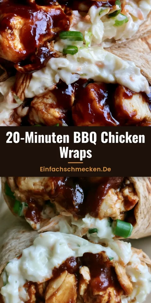 Nahaufnahme eines halbierten BBQ Chicken Wraps mit dunkler Sauce und Coleslaw auf einem hellen Teller.