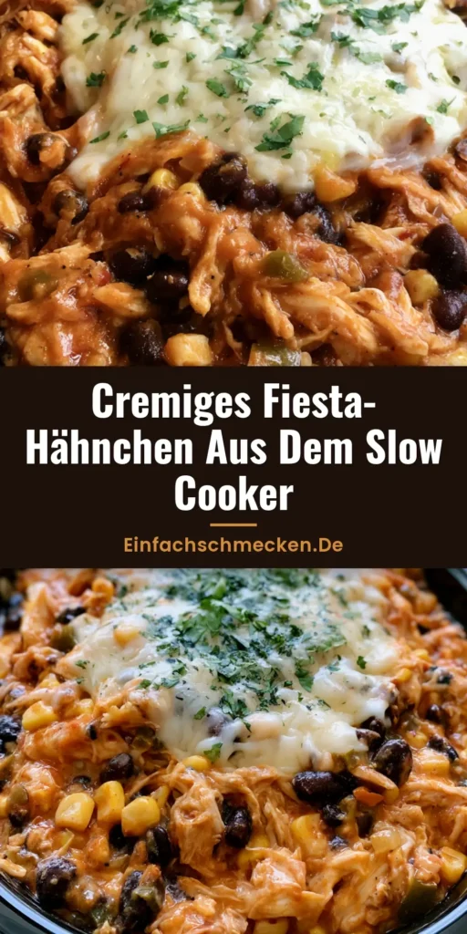 Slow Cooker Fiesta Hähnchen: Das cremigste Tex-Mex Rezept für Deine Familie 4 Draufsicht auf cremiges Slow Cooker Fiesta Hähnchen mit geschmolzenem Käse, Mais und schwarzen Bohnen in einem schwarzen Keramiktopf.