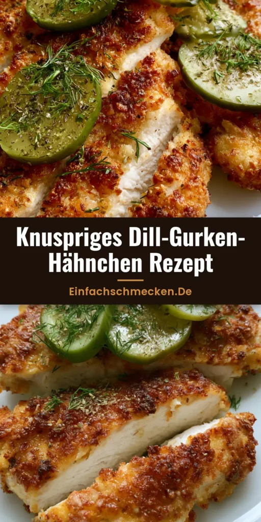 Knuspriges Dill-Gurken-Hähnchen mit goldbrauner Parmesan-Kruste und frischen Dill-Gurken-Scheiben auf einem weißen Teller.