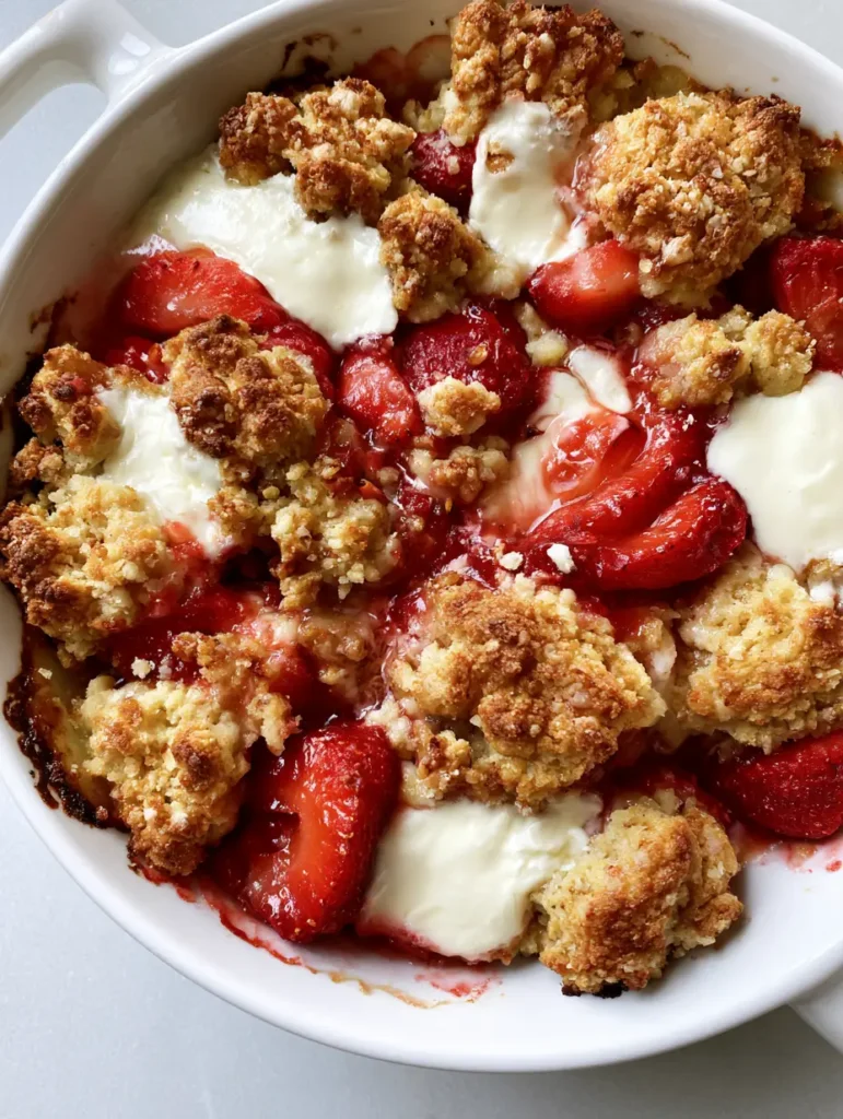 Erdbeer-Frischkäse-Cobbler: Das saftigste Sommer-Dessert mit Knusper-Garantie 1 Detailaufnahme der Textur des Erdbeer-Frischkäse-Cobbler, zeigt weiche Erdbeeren und mürbe Teigränder.