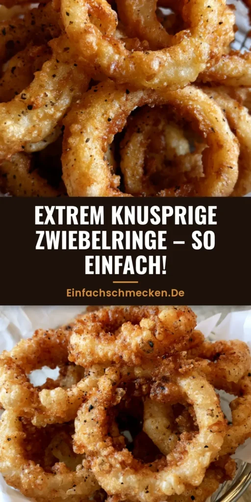 Nahaufnahme von knusprigen Zwiebelringen in einem Frittierkorb mit schwarzem Pfeffer. (Zwiebelringe Rezept)