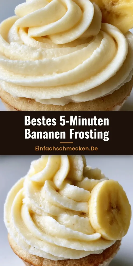 Ein Cupcake mit einem hohen Swirl aus cremigem Bananen Frosting, garniert mit einer frischen Bananenscheibe auf einer neutralen Arbeitsplatte.
