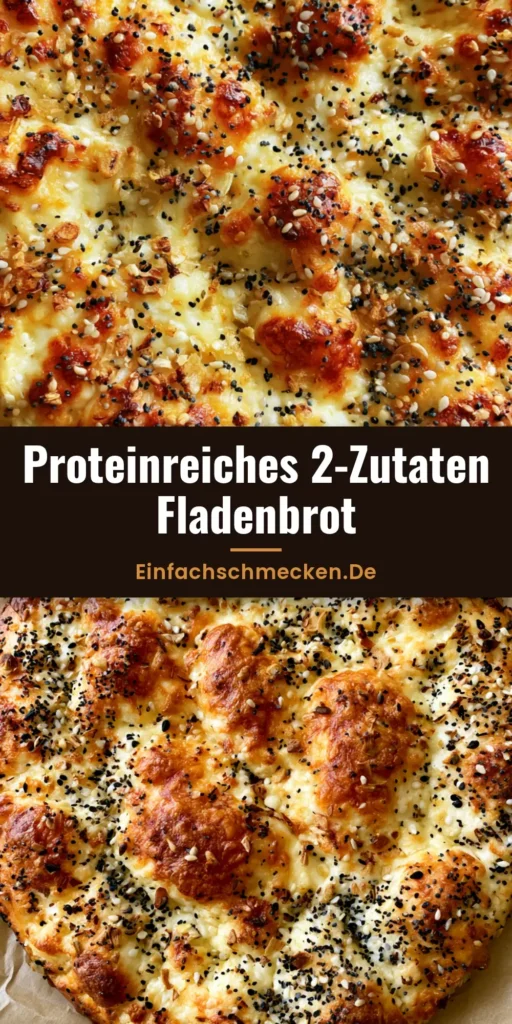 Nahaufnahme von oben: Rundes, rustikales Hüttenkäse Fladenbrot mit goldbraunen Blasen und Everything Bagel Gewürz auf Backpapier.