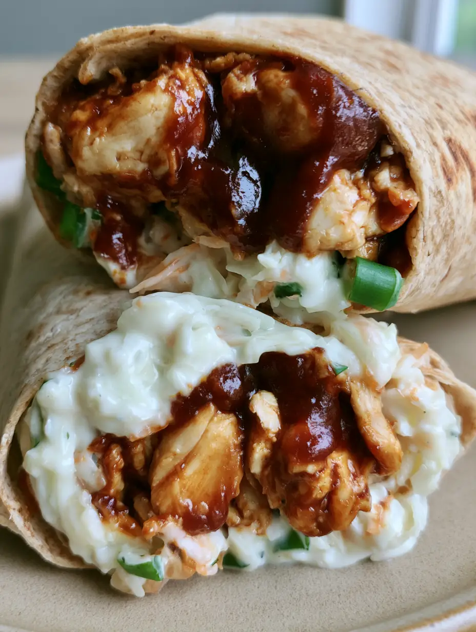 Detailansicht der Füllung eines BBQ Chicken Wraps mit glänzendem Hähnchen und frischem Gemüse.
