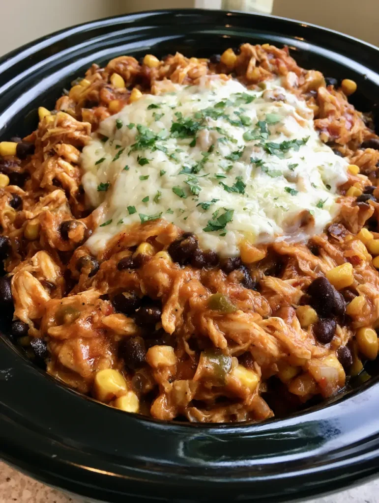 Nahaufnahme von gezupftem Hähnchen in einer dicken, orangefarbenen Salsa-Sauce im Slow Cooker.