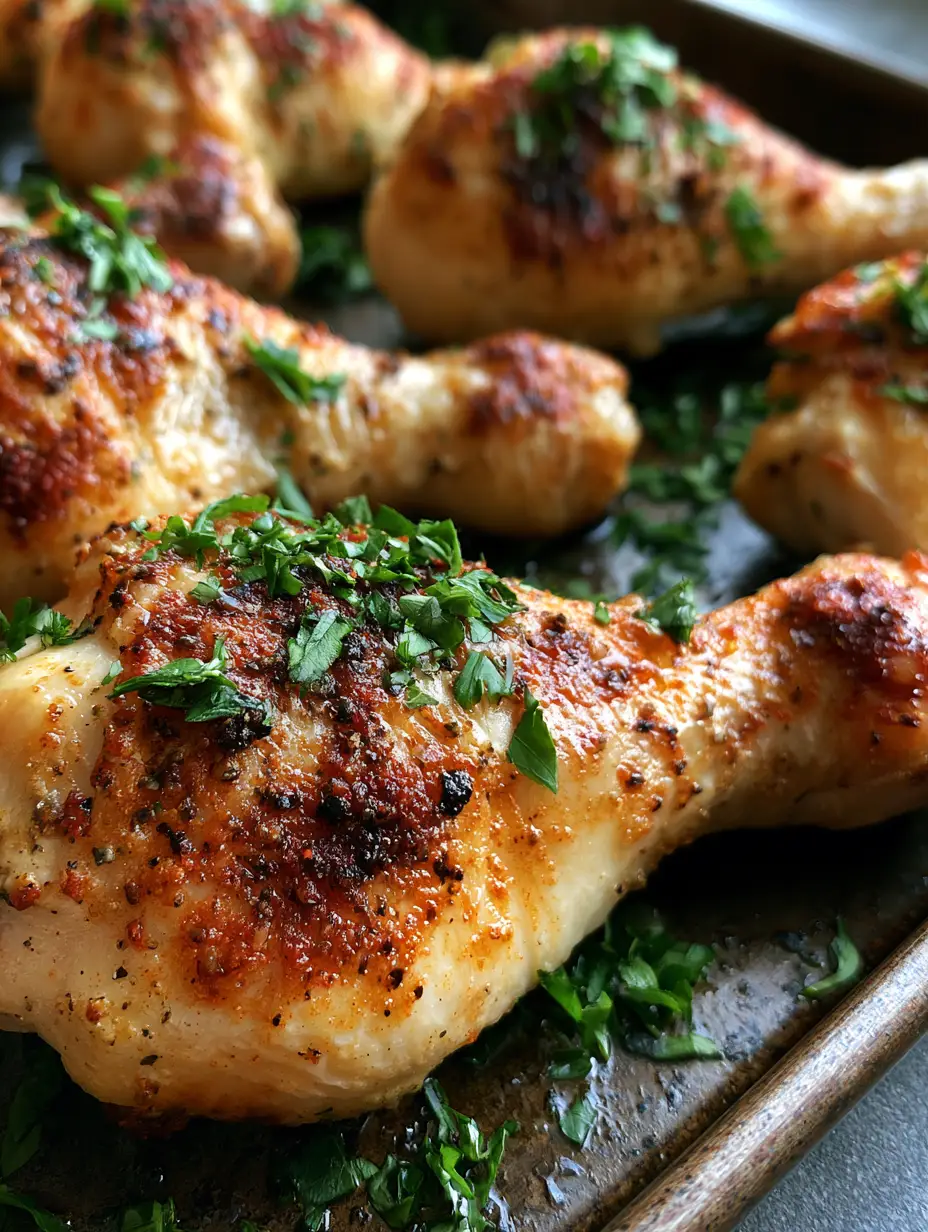 Hähnchenunterkeulen aus dem Ofen: Goldbraun & extrem knusprig 3 Nahaufnahme von Hähnchenunterkeulen aus dem Ofen mit sichtbarer Gewürzkruste aus Paprika und Knoblauch.