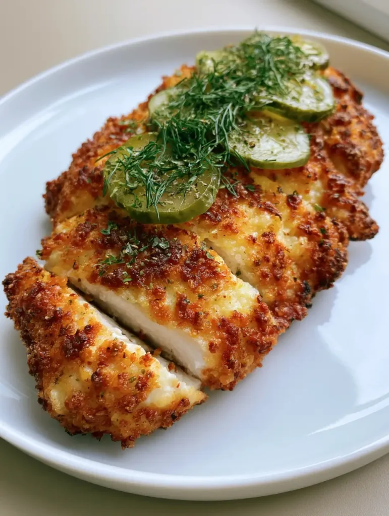 Nahaufnahme von angeschnittenem Dill-Gurken-Hähnchen mit saftigem Fleisch und knuspriger Panade.