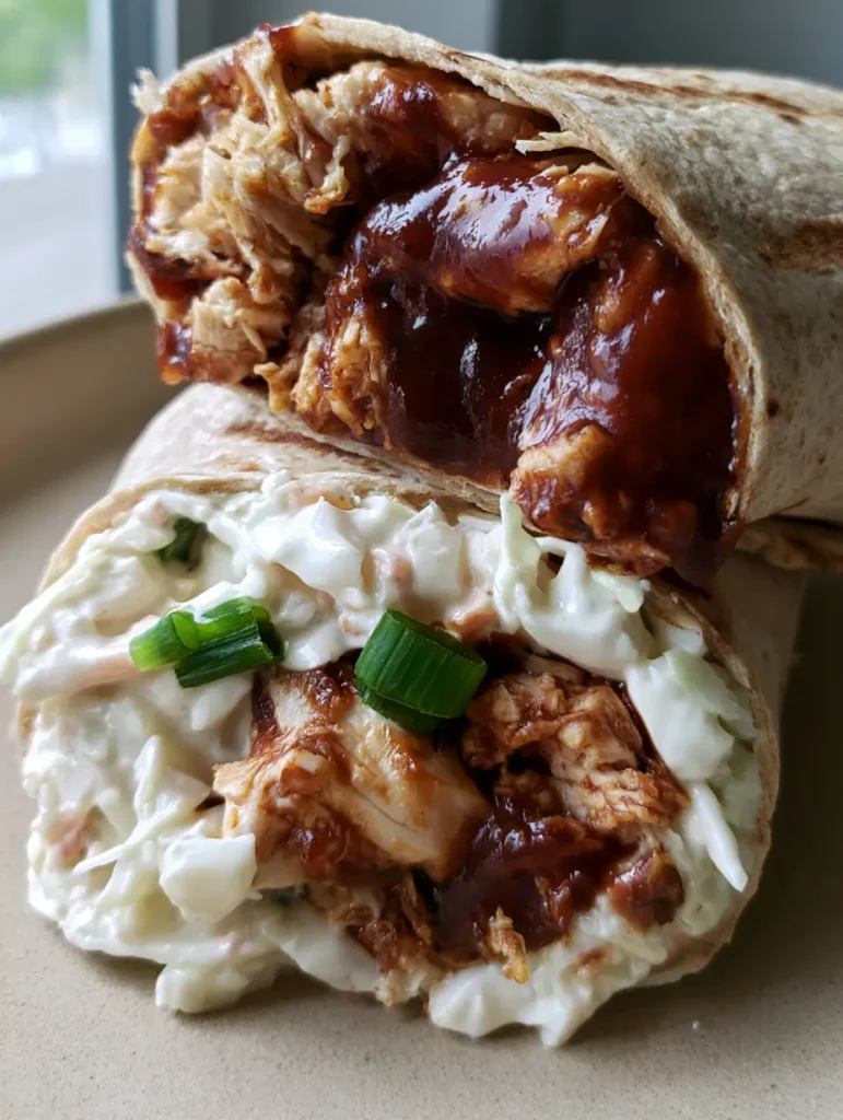 Zwei halbierten BBQ Chicken Wraps ansprechend angerichtet auf einer minimalistischen Oberfläche.