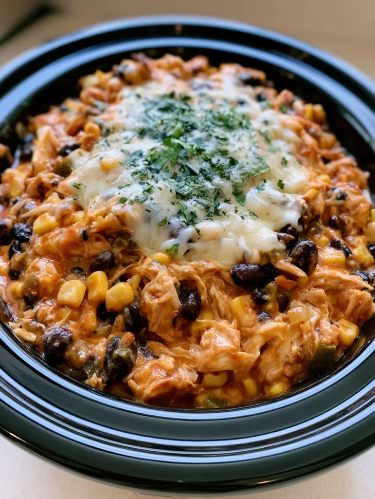 Slow Cooker Fiesta Hähnchen: Das cremigste Tex-Mex Rezept für Deine Familie 1 Slow Cooker Fiesta Hähnchen servierfertig mit geschmolzenem Käse und frischem Koriander bestreut.