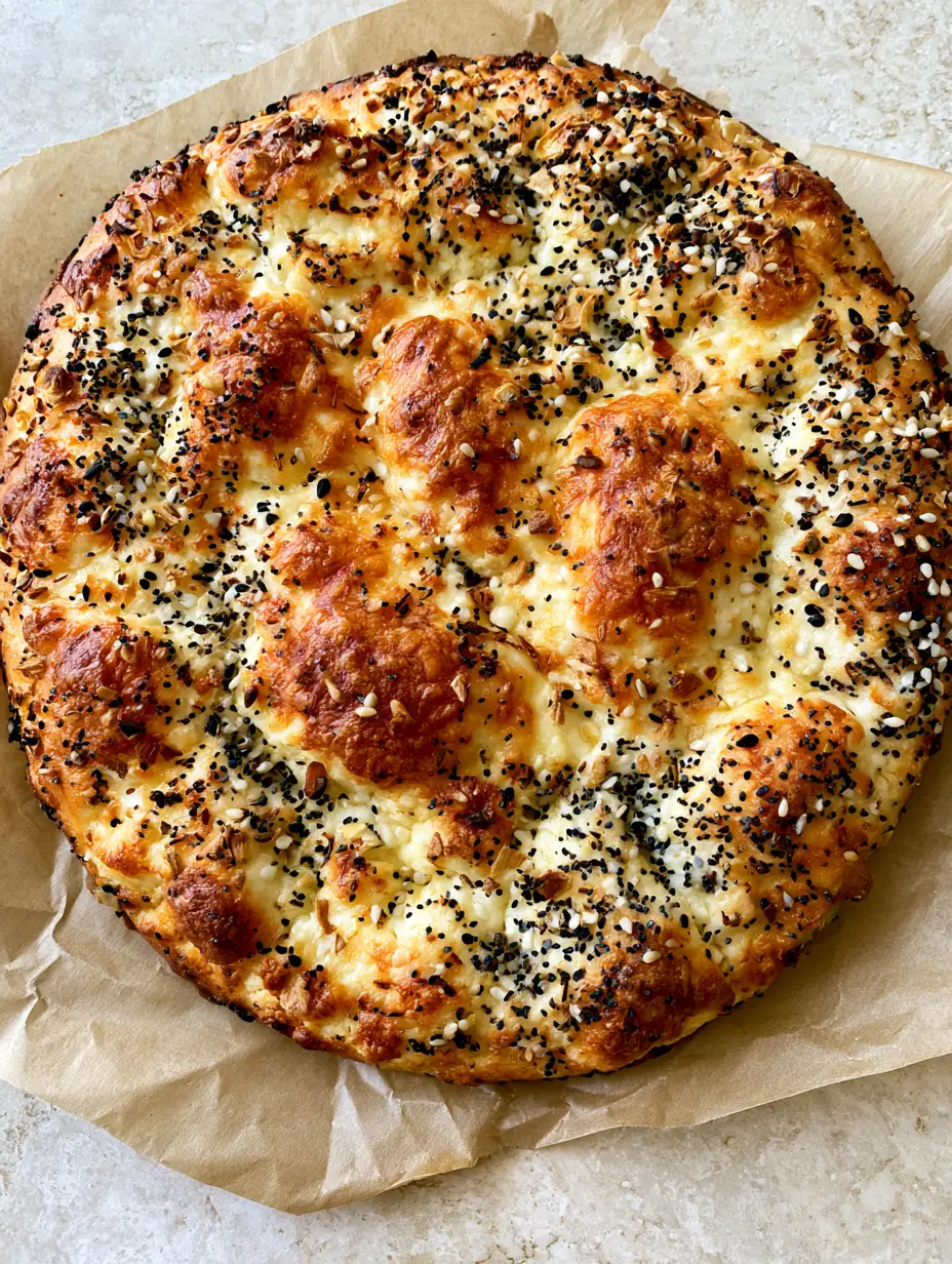 Goldbraun gebackenes Hüttenkäse Fladenbrot mit Sesam, Mohn und Knoblauchflocken auf beigem Steinuntergrund.