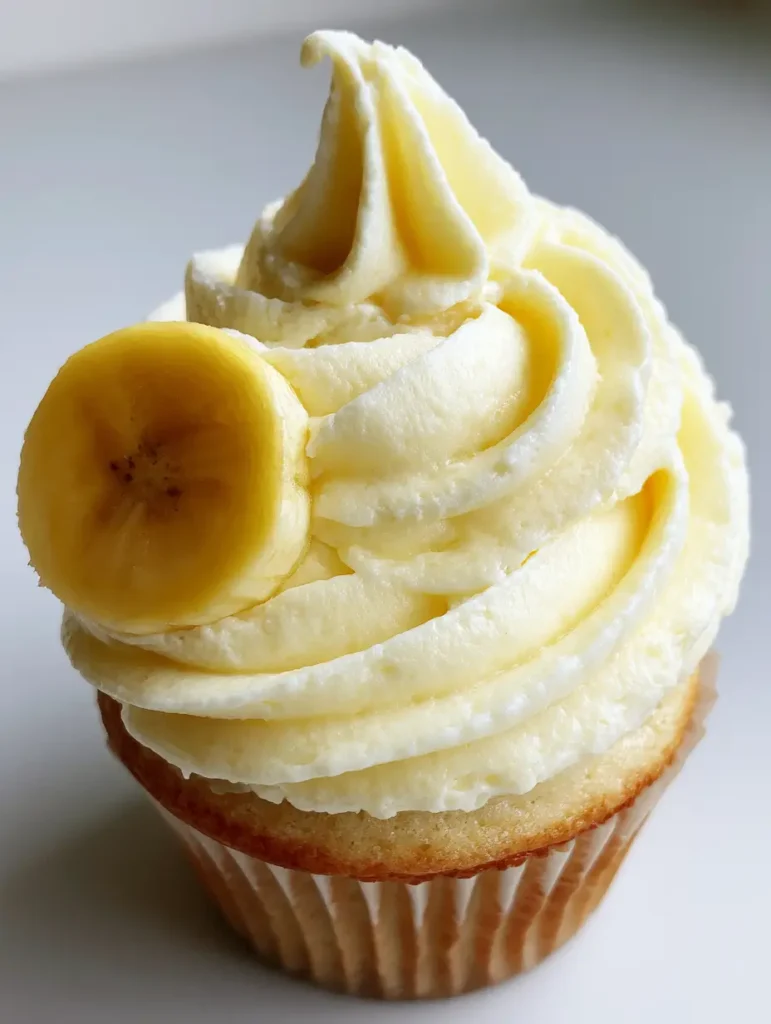 Nahaufnahme eines hellgelben Bananen Frosting Swirls mit samtiger Textur und einer Bananenscheibe als Deko.